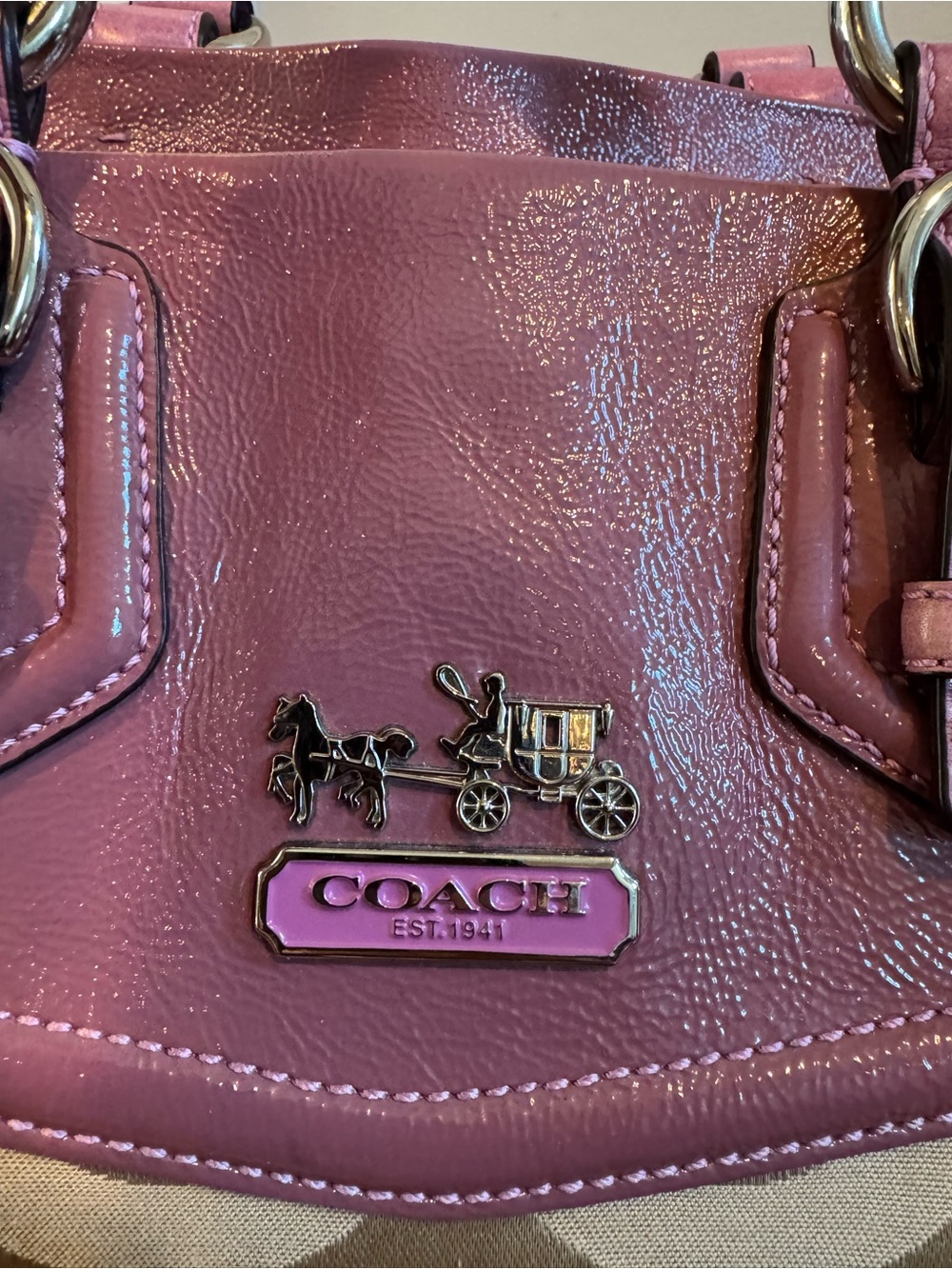 Coach Vintage Beige Signature Satchel with Pink Leather Trim - Picture 4 of 16